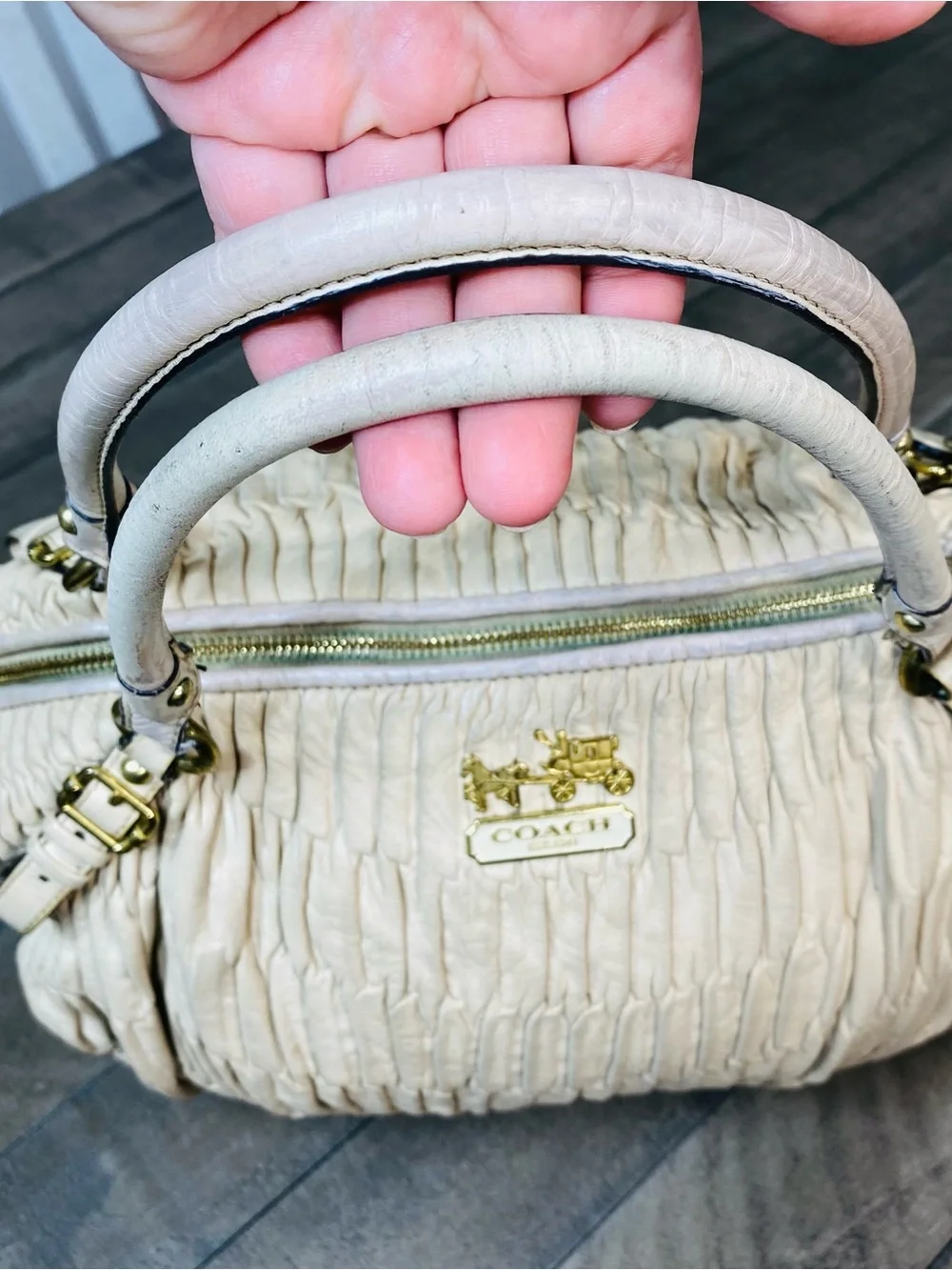 Coach Madison Gathered Leather Satchel Bag Off-White Cream Gold Hardware